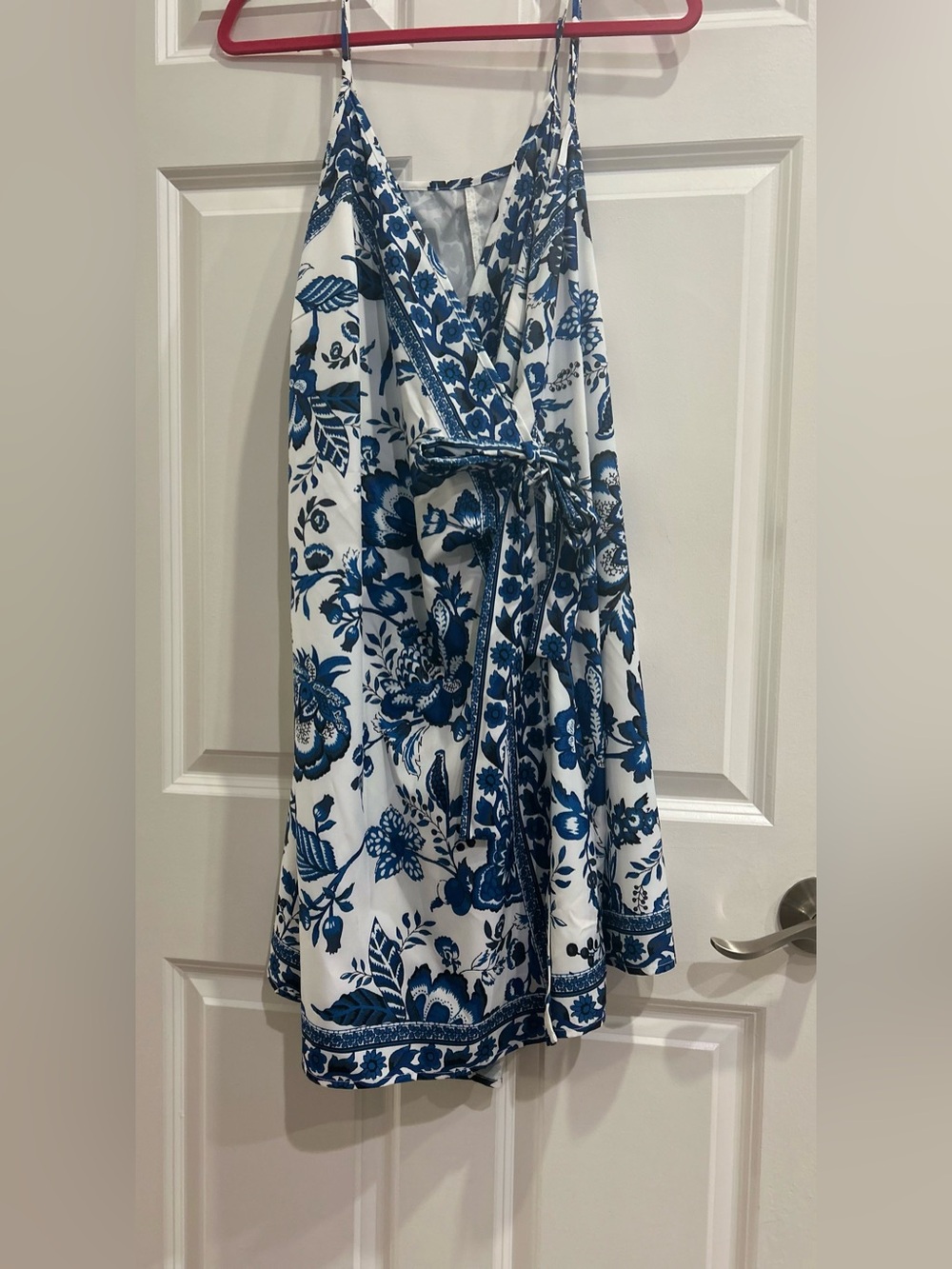 SHEIN Blue and White Floral Wrap Mini Dress